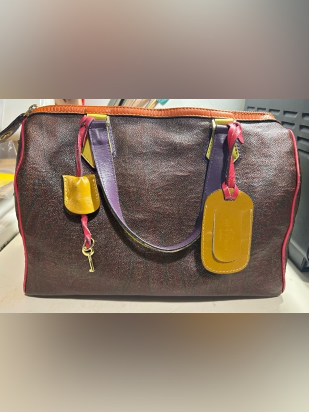 ETRO Paisley Multicolor Colorblock Boston Speedy Bag w/ Lock & Key + Luggage Tag - Picture 7 of 16